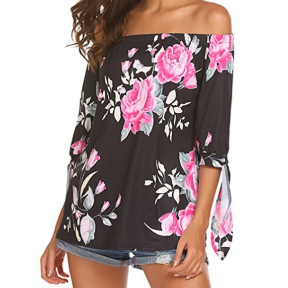 Women Off Shoulder 3/4 Sleeve Floral Print Blouse - Picture 3 of 4